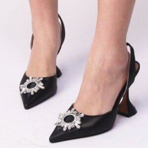 MICXKLZO Black Slingback Pointed Toe High Heels Slip On Heeled Sandals Shoes